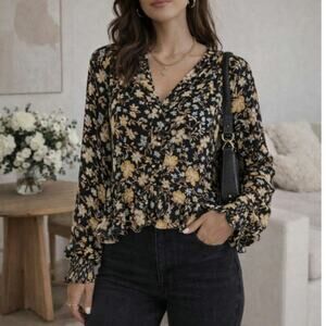 Old Navy Pullover V Neck Blouse Floral Clinched Waist Sheer Size L Romantic Boho